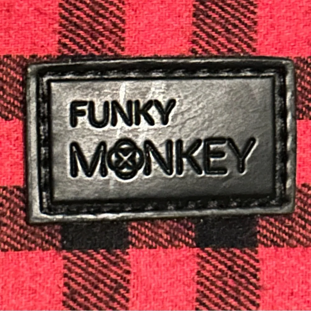 Funky Monkey Foldover Red & Black Buffalo Plaid Clutch Top Zip 10.5” x 7” NWOT